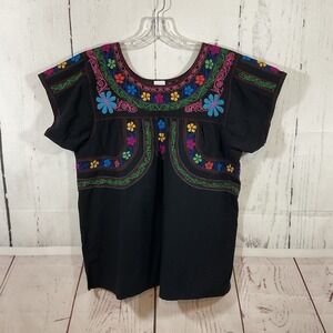 Mexican Embroidered Blouse Peasant Top Women XL Black Oaxaca Artisan Handmade